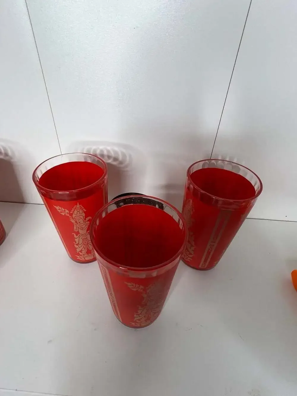Set of 3 Vintage Federal Glass Red and Gold Thai Goddess Highball Tumblers